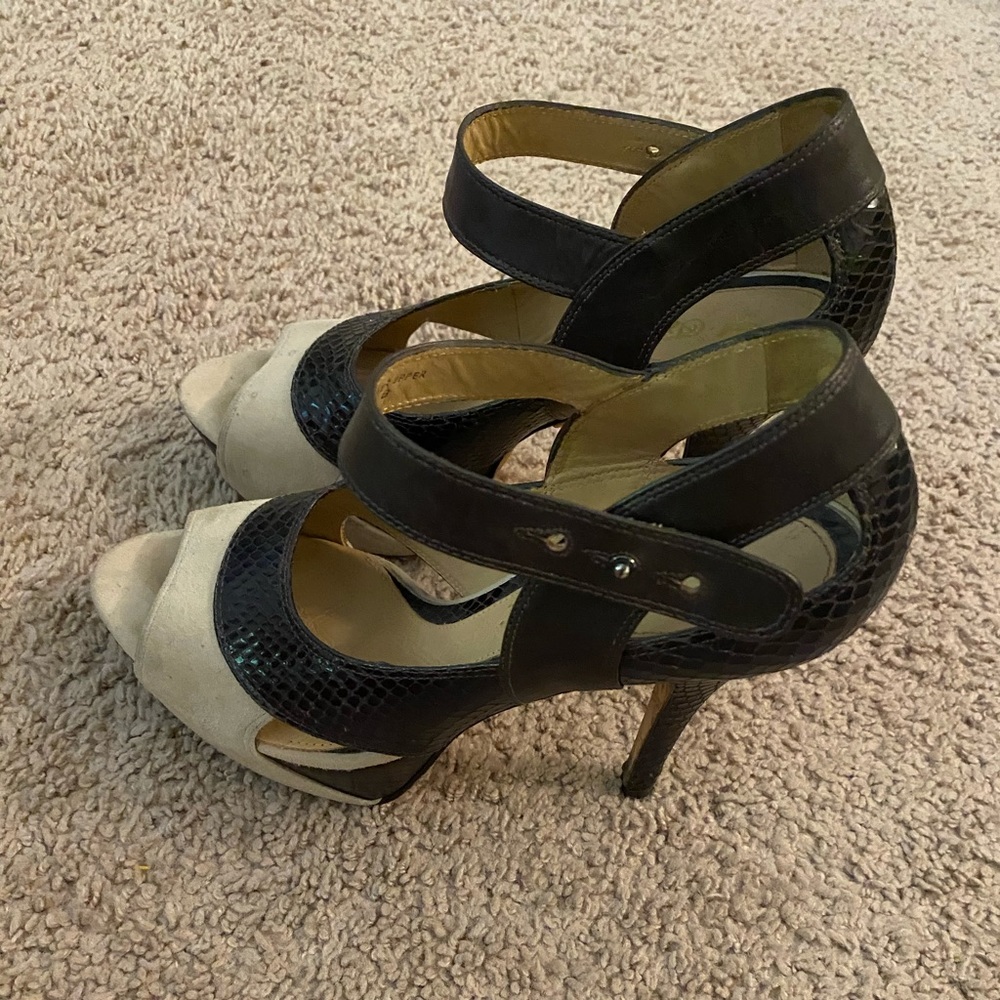 Lamb Taupe & Python Print Leather Platform Sandals - image 3